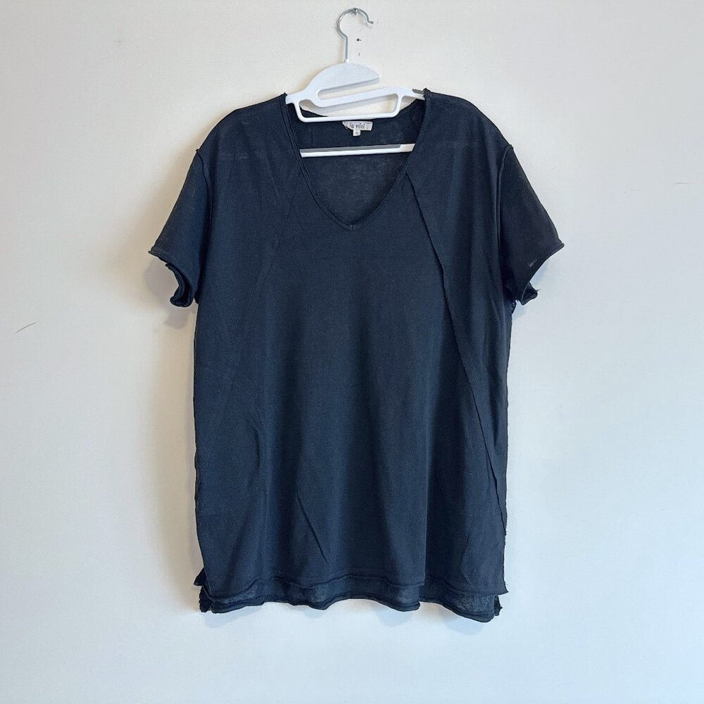 Oversized Black V-Neck Casual Top with Raw Edges